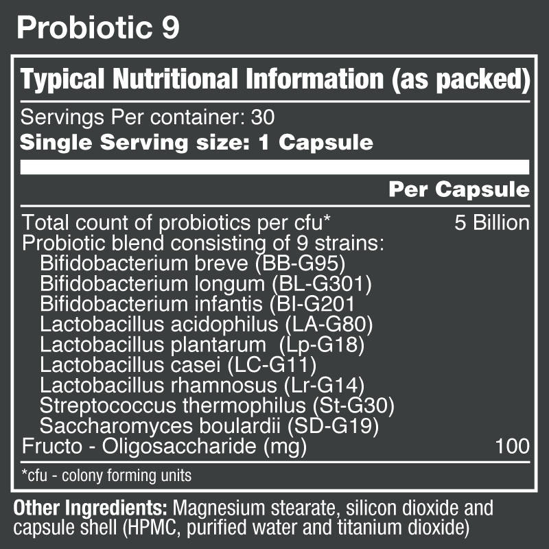 Vitatech Probiotic 9 30 Caps - Nutritional Information