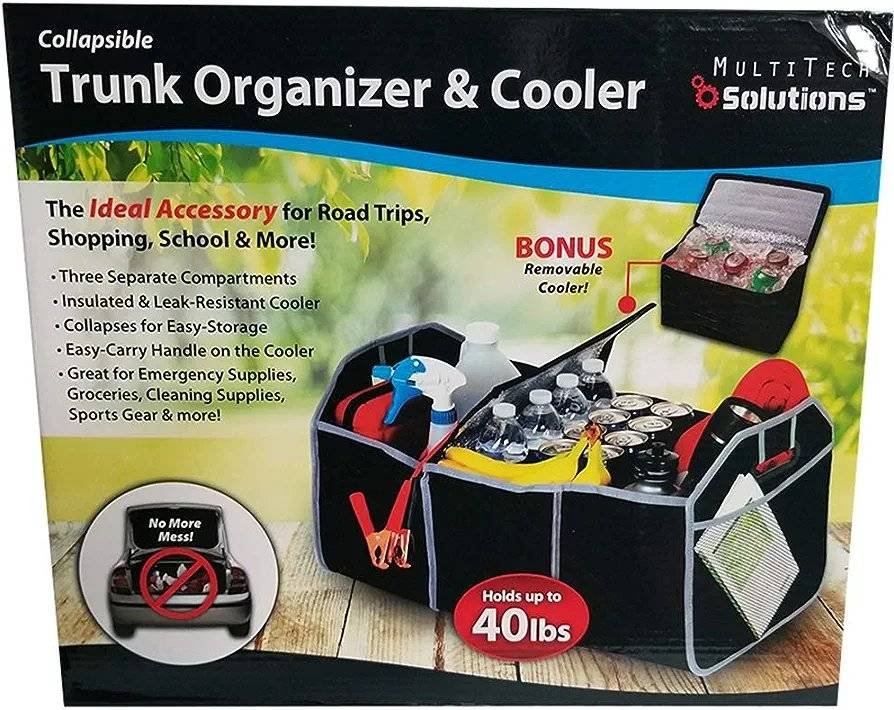 2 in 1 Car Collapsible Trunk Organizer and Cooler Set - The three-section car-trunk organizer sto...