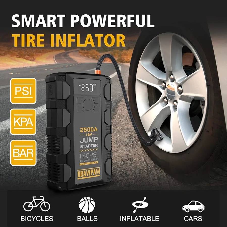 Jump Starter with Air Compressor - 2500A Car Battery Booster Pack - 150PSI Digital Tire Inflator,...