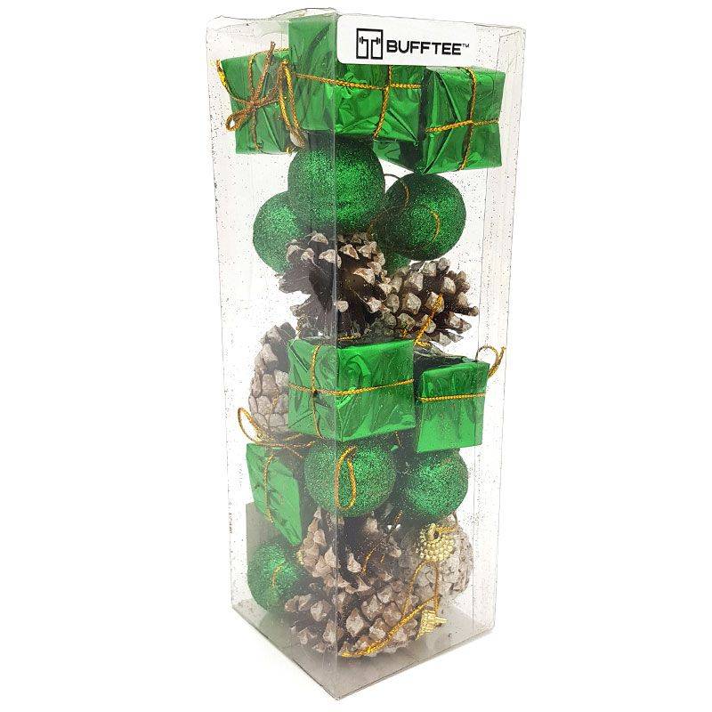 Bufftee 24 Piece Small Christmas Gifts Tree Baubles Pine Cones Green Tones