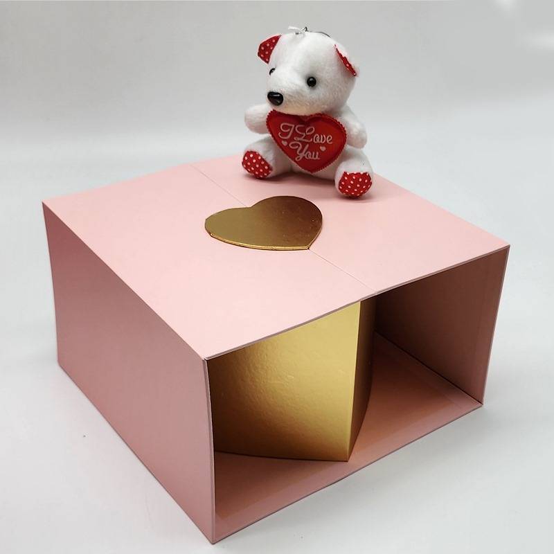 PurpleX Valentine's Day 21cm Square Pink Gift Box With Gold Heart and Teddy Bear