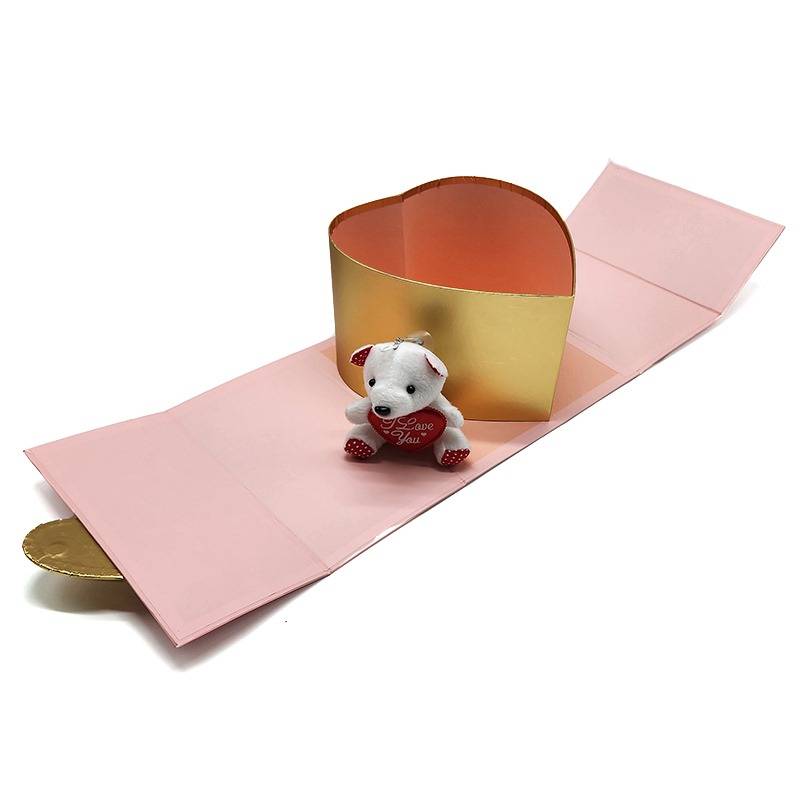 PurpleX Valentine's Day 21cm Square Pink Gift Box With Gold Heart and Teddy Bear