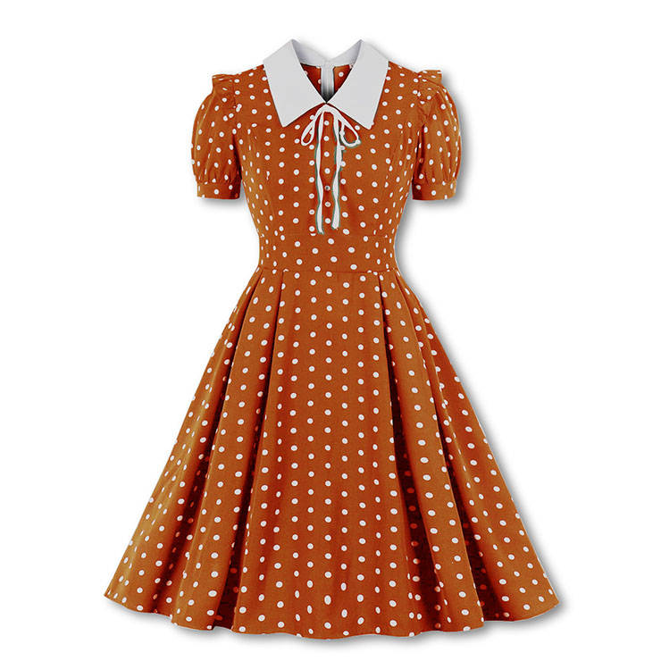 Retro Lapel Lacing Short Sleeve Polka Dots Print Summer Daily A-line Swing Dress N22253