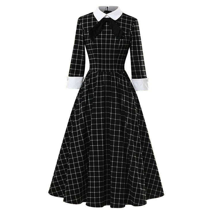 Retro Lapel Tie Half Sleeve Plaid Print Party A-line Swing Dress N20964