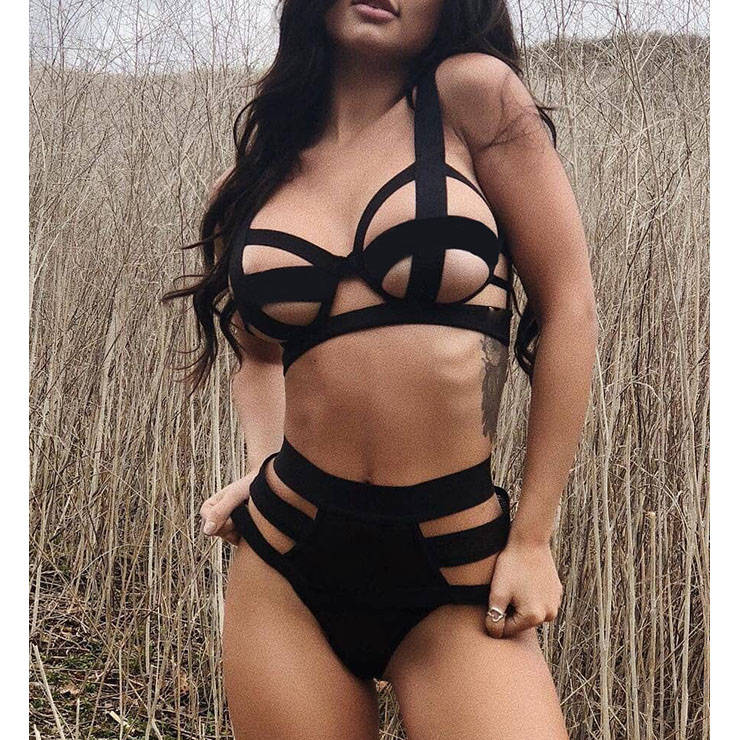 Sexy Cut Out Elastic Bandage Plus Size Bra and Panty Lingerie Set