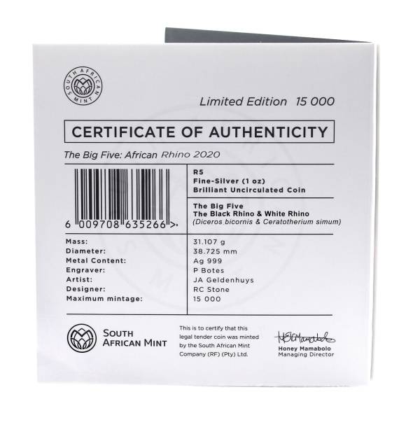 2020 1oz R5 Fine Silver Rhino Brilliant Unc Big Five Series folder back a