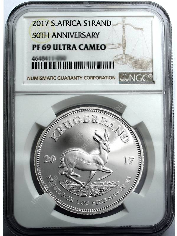 2017 Fine Silver Proof 1oz PF69  ultra Cameo Krugerrand 50th Anniversary Mintmark