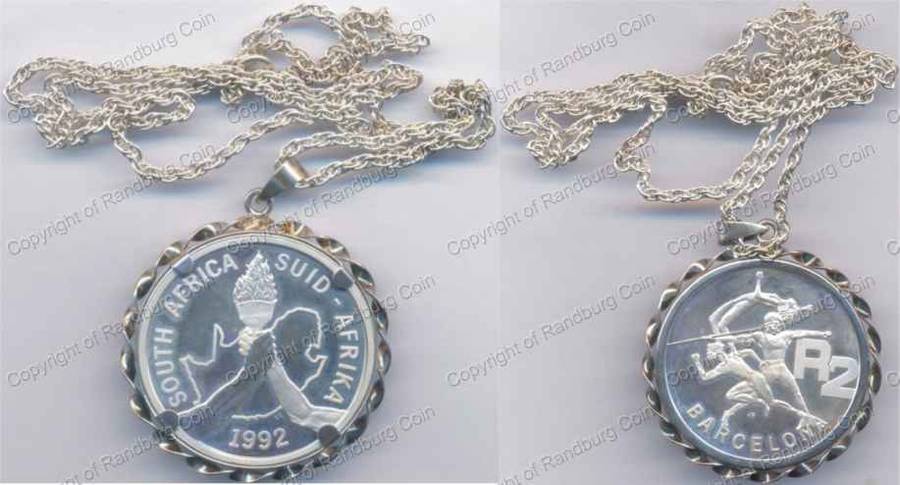 *#* SA Silver 1oz  R2 Proof 1992 Barcelona Olympics - Mounted in pendant with chainp *#*