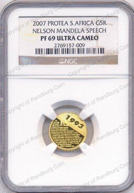 *#* 2007 Mandela Protea R5 1/10th oz Gold Proof NGC Slabbed PF69 *#*