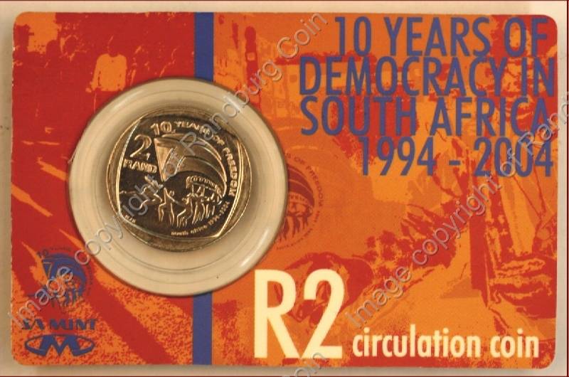 *#*  SA Mint 1994 - 2004 2 Rand 10Yrs of Democracy Coin on SA Mint card *#*
