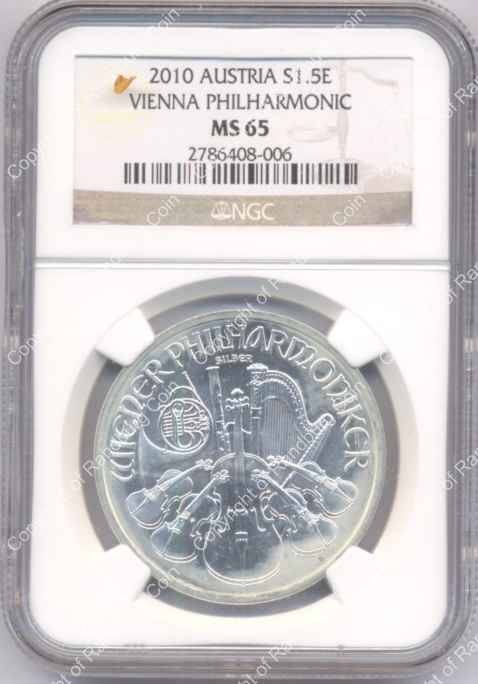 *#* Austria 2010 Silver 1oz 1.5 Euro Bullion - Wiener Philharmoniker Orchestra NGC MS65 *#*
