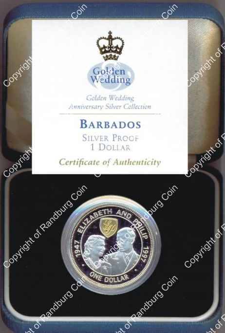 *#* Barbados 1997 Proof Silver Dollar - Queens 50th Wedding Anniversary *#*