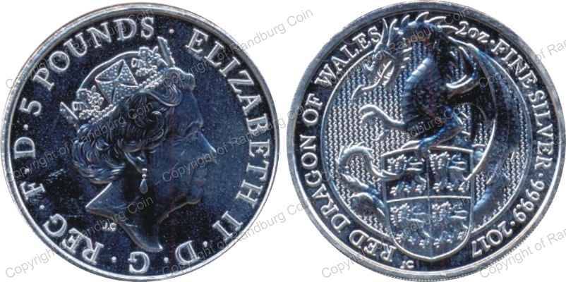 *#* Great Britain 2017 Pure Silver 5 Pounds 2oz - Queen's Beast - Red Dragon of Wales *#*