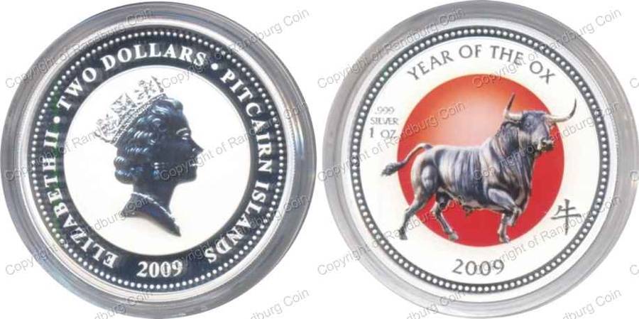 *#* Pitcairn Islands 2009 Proof-like Silver 2 Dollars - Year of the Ox -C olour #*