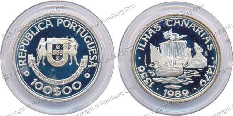 *#* Portugal 1989 Discovery of the Canary Islands Silver (STG.-21.0gr) Proof 100 Escudos *#*