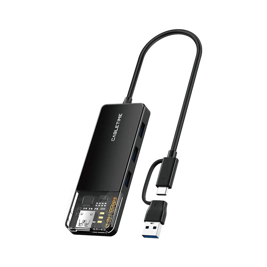 CABLETIME CB05B 20CM 4-PORT USB3.2 10GBPS HUB WITH USB TYPE-C/A ADAPTER (CT-HUBT5-PB)
