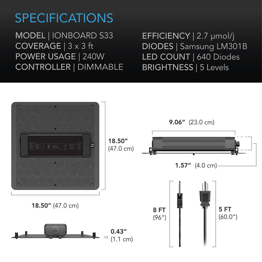 AC INFINITY IONBOARD S33, FULL SPECTRUM LED GROW LIGHT 240W, SAMSUNG LM301B, 3X3 FT. COVERAGE