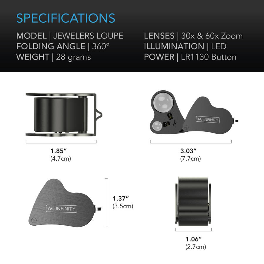 AC INFINITY JEWELERS LOUPE, POCKET MAGNIFYING GLASS WITH LED LIGHT & DUAL LENSES