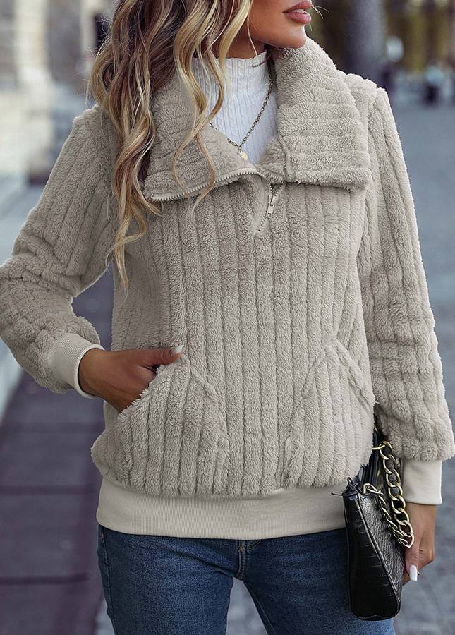 Pocket Beige Turn Down Collar Long Sleeve Coat