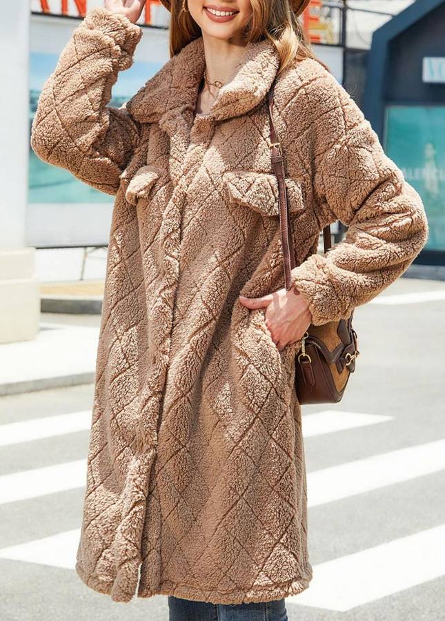 Pocket Dark Camel Turn Down Collar Long Sleeve Coat