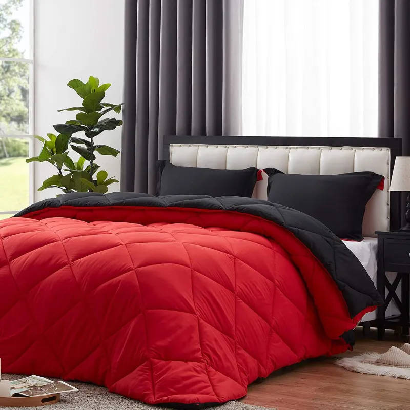 Reversible Comforter Set 5 Piece Red/Black Lightweight Bedspread