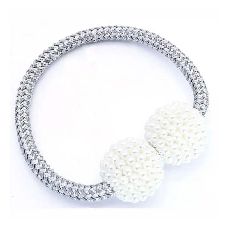 Magnetic Curtain Rope Tieback with Pearl Design End - Grey - Qty 2