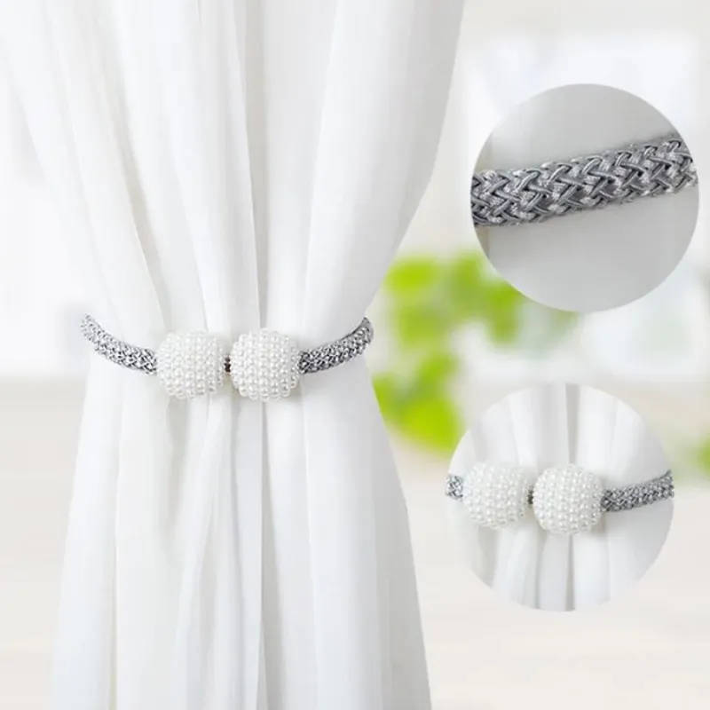 Magnetic Curtain Rope Tieback with Pearl Design End - Grey - Qty 2
