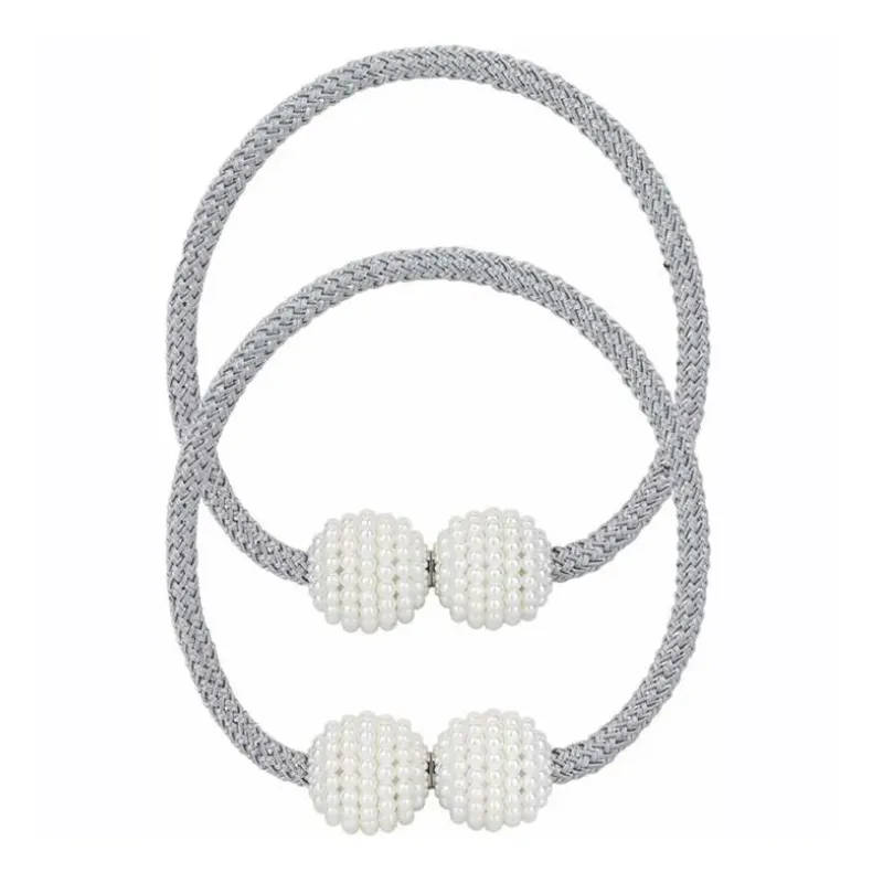 Magnetic Curtain Rope Tieback with Pearl Design End - Grey - Qty 2