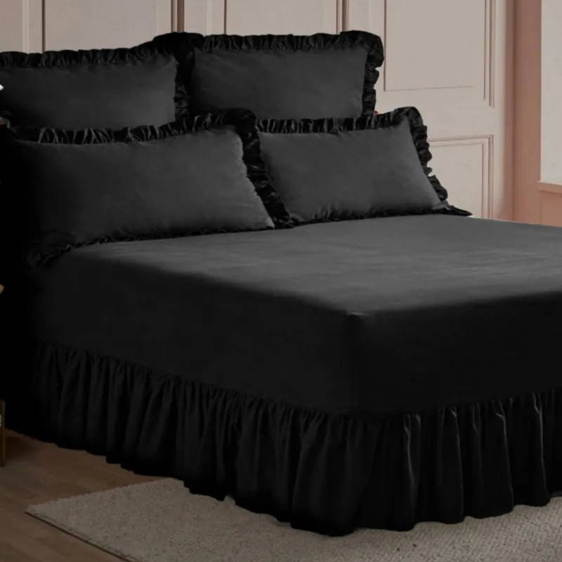 SMTE- 6-piece Frilled Bed Sheet Set - Black