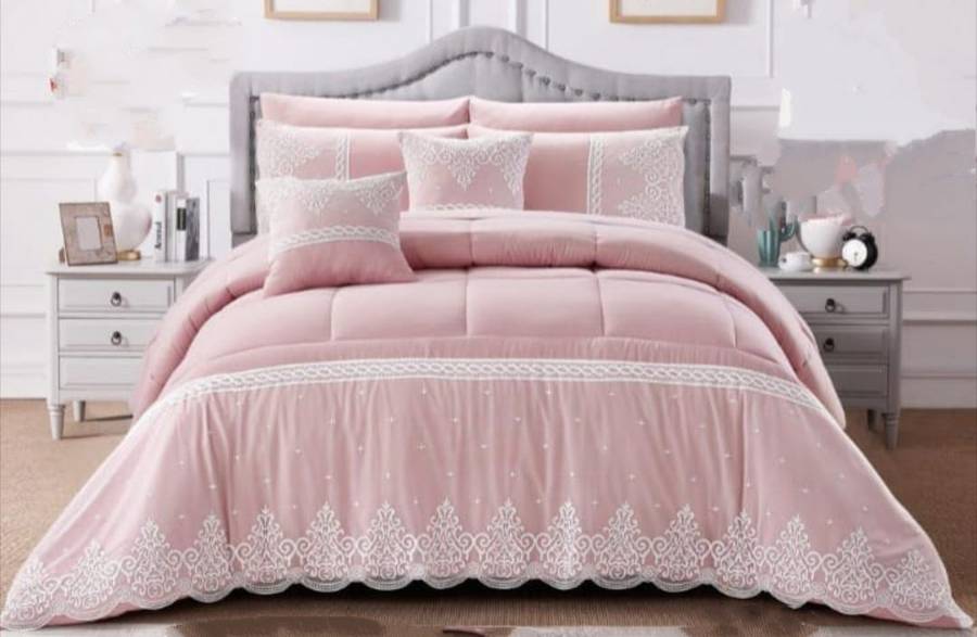 SMTE 7 Piece King Size Mut Stylish Print Design Comforter Set - Pink with keychain
