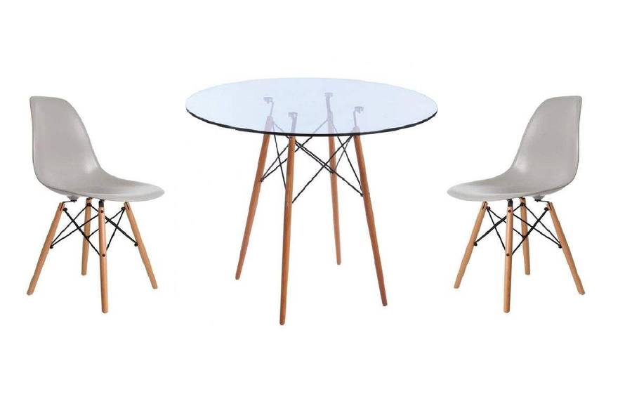 SMTE Glass Table and Wooden Leg Chairs (3 piece set) - Grey with keychain