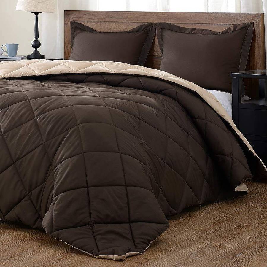 SMTE Stunning 5 Piece Reversible comforter Brown and Tan - Double with keychain