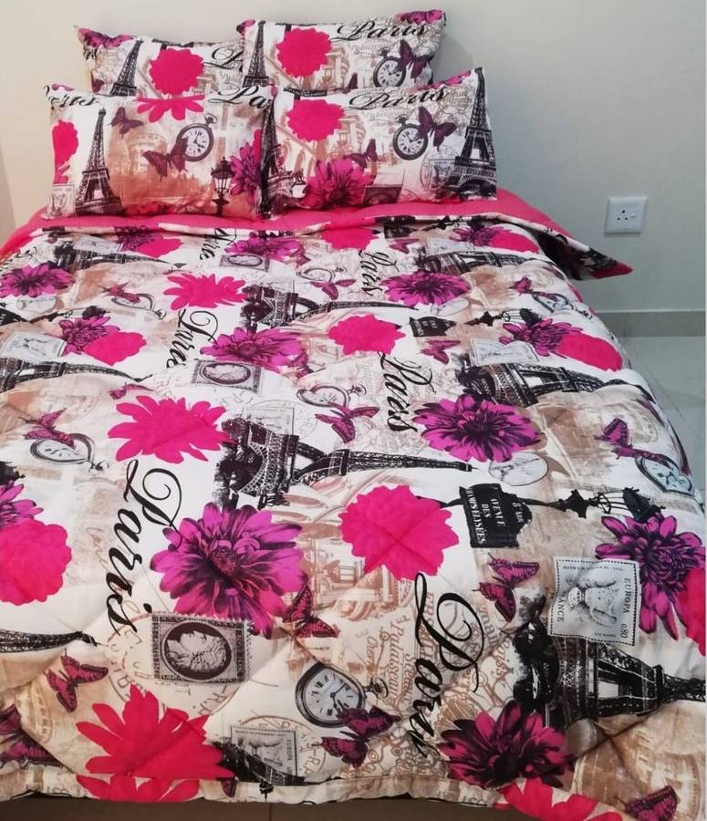 SMTE 5 Piece Quilted Comforter Pink Paris Set - Queen with keychain