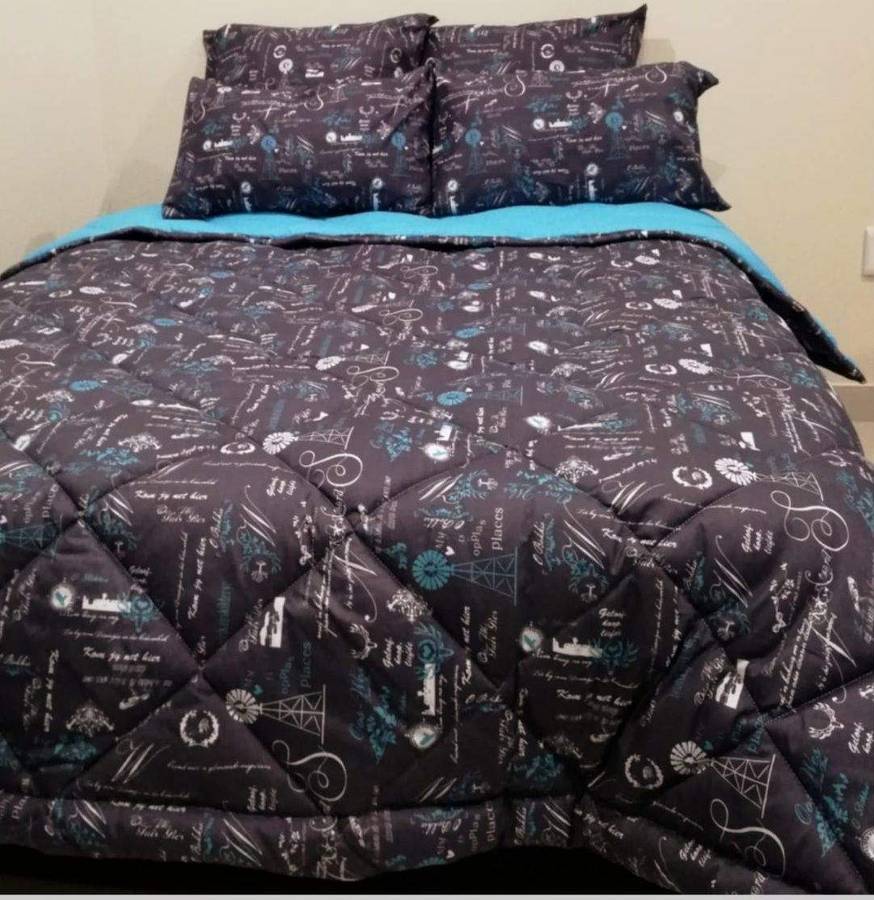 SMTE 5 Piece Quilted Comforter Black Paris Set - Queen with keychain