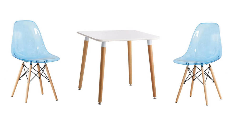 SMTE Transparent Color Wooden Leg Chair and Square Table Set - Blue with keychain
