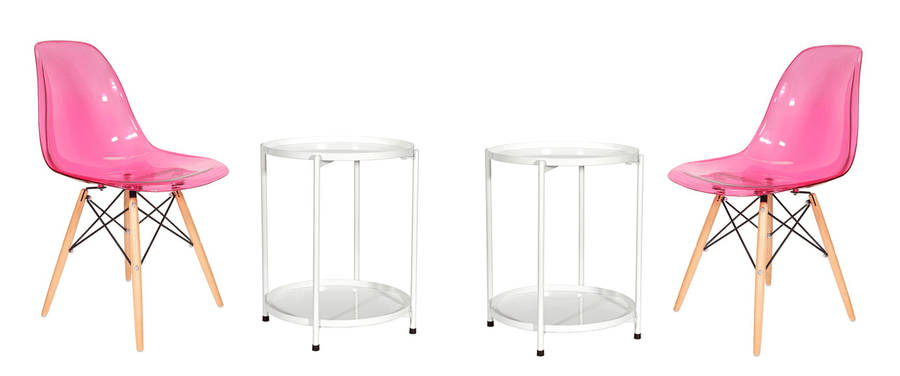 SMTE Transparent Color Dining Wooden Leg Chairs and 2 Tier Metal Table Set - Pink with keychain