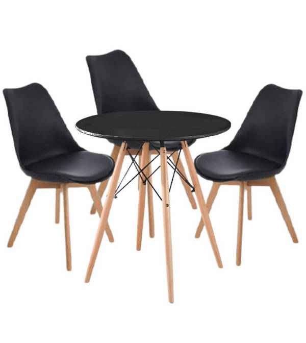 SMTE Modern Wooden Round Dining Table with 3 Set of Soft Padded Chairs Set-Black with keychain