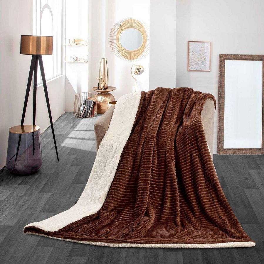 SMTE New Super Soft Reversible Throw Striped Flannel Sherpa Blanket - Dark Brown with keychain