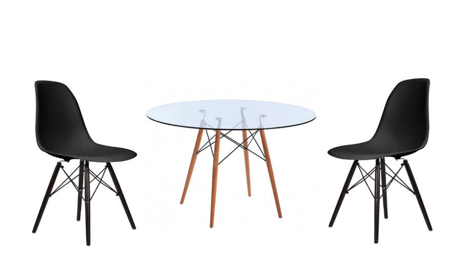 SMTE Modern 3 Piece Glass Table and Black Wooden Leg Chairs with keychain