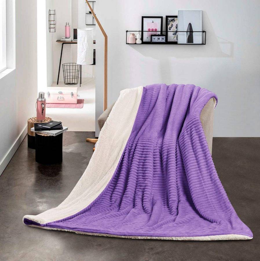 SMTE New Reversible Super Soft Throw Striped Flannel Sherpa Blanket - Purple with keychain