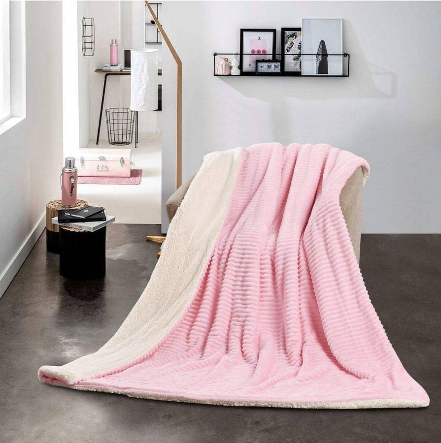 SMTE Sastro - New Reversible Throw Striped Flannel Sherpa Fleece Blanket - Pink with keychain