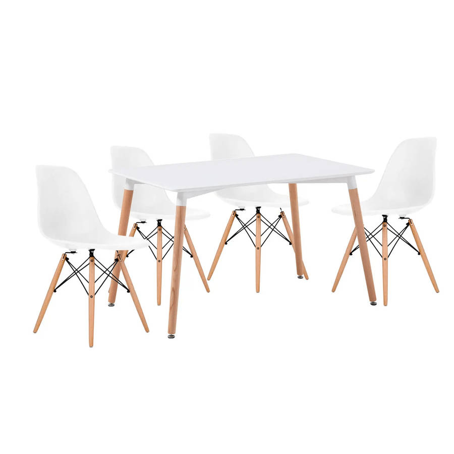 SMTE Dining Table & 4 Wooden Dining Chairs - White with keychain