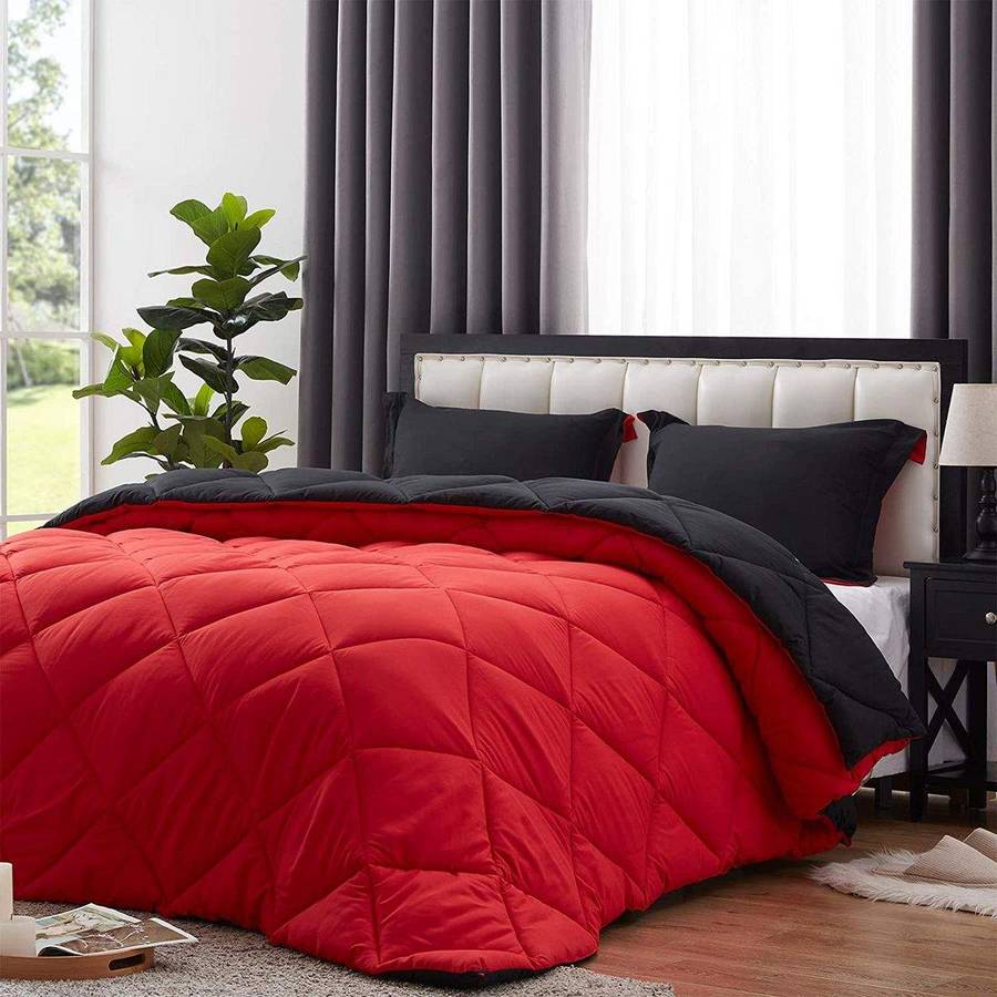 SMTE Reversible Comforter Set 5 Piece Red/Black Lightweight Bedspread - Queen with keychain