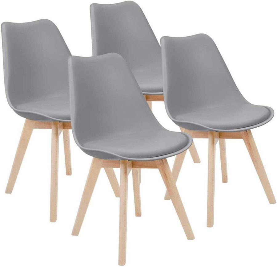 SMTE Padded Seat Wooden Leg Dining Chairs - Pack of Four - Grey Colour with keychain