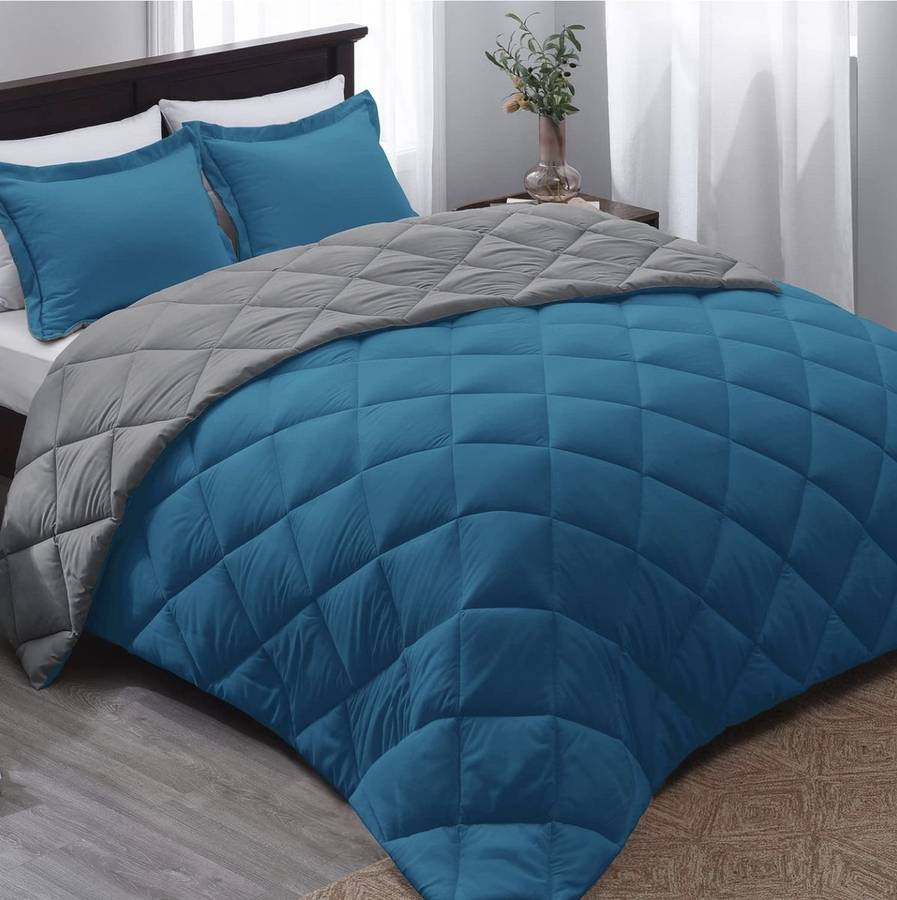 SMTE Acesa Quality Reversible Comforter set 5 Piece - Blue/Charcoal - Queen with keychain