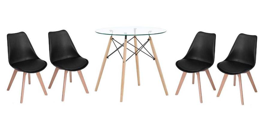 SMTE Modern Wooden Round Dining Table with 4 Set of Soft Padded Chairs - Black with keychain