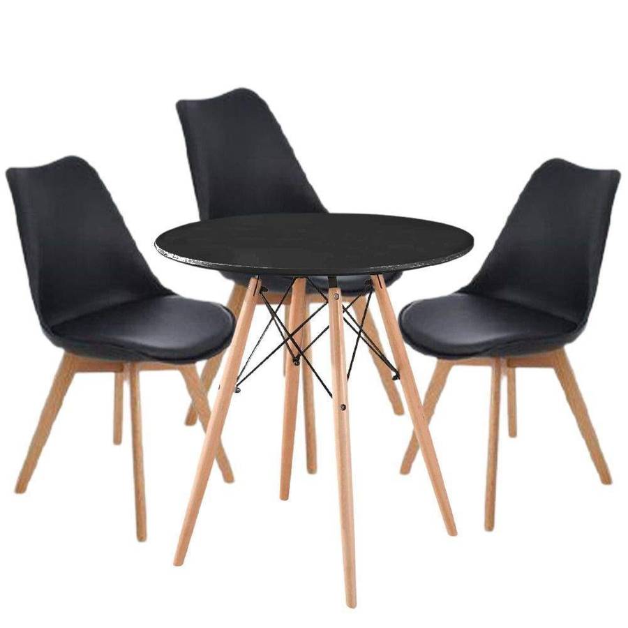 SMTE Modern Wooden Round Dining Table with 3 Set of Soft Padded Chairs Set-Black with keychain