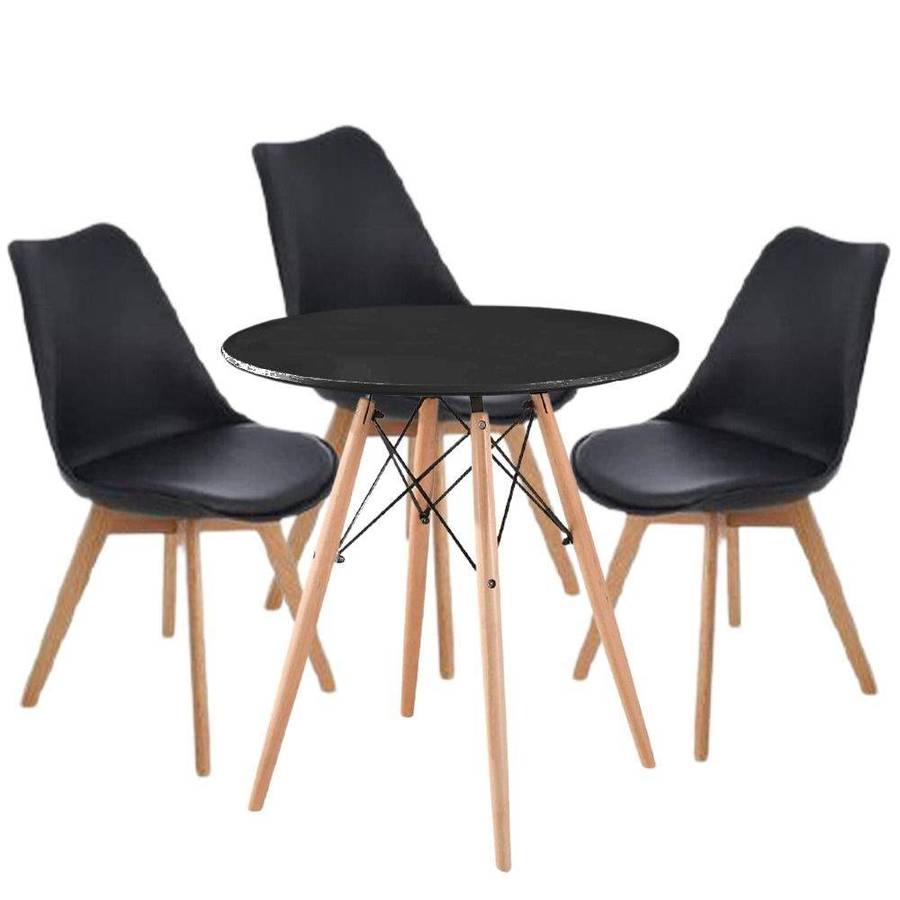 SMTE Modern Wooden Round Dining Table with 3 Set of Soft Padded Chairs Set-Black with keychain