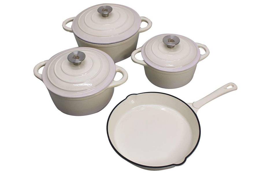 SMTE Stunning - 7 Piece New Design Dutch Pot Cookware Sets Cast Iron - White with keychain