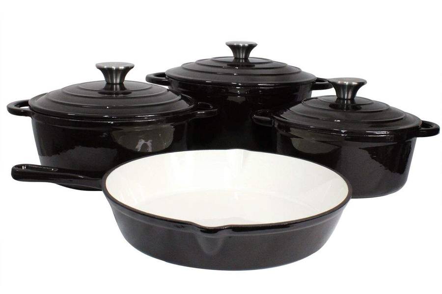 SMTE Stunning - 7 Piece New Design Dutch Pot Cookware Sets Cast Iron - Black with keychain